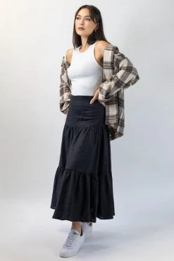 Among The Brave New In Blazing Black Tiered Linen Midi Skirt