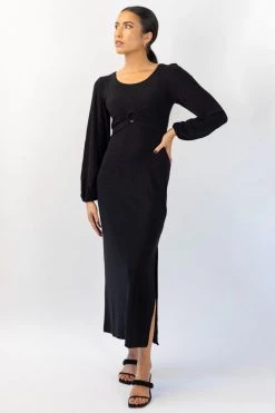 Among The Brave New In New Moon Black Shimmer LS Puff Sleeve Ring Midi Dress