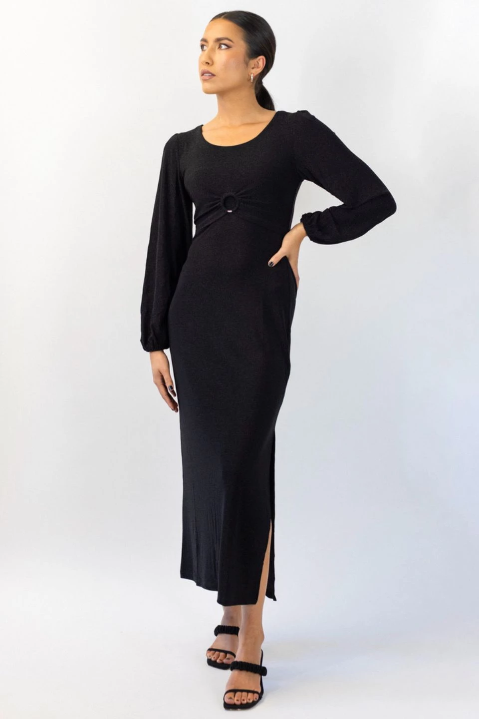 Among The Brave New In New Moon Black Shimmer LS Puff Sleeve Ring Midi Dress