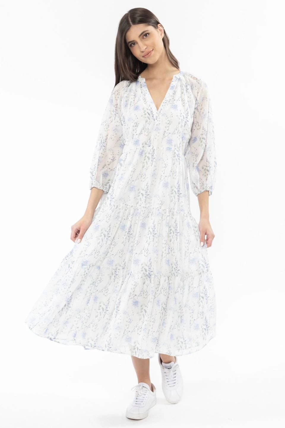 Leila + Luca Stellar Lavender Floral Flutter Sleeve V Neck Tiered Midi Dress New In