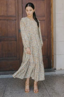 Ivy + Jack Naomi Pistachio Floral Blouson LS Tiered Maxi Dress Dresses