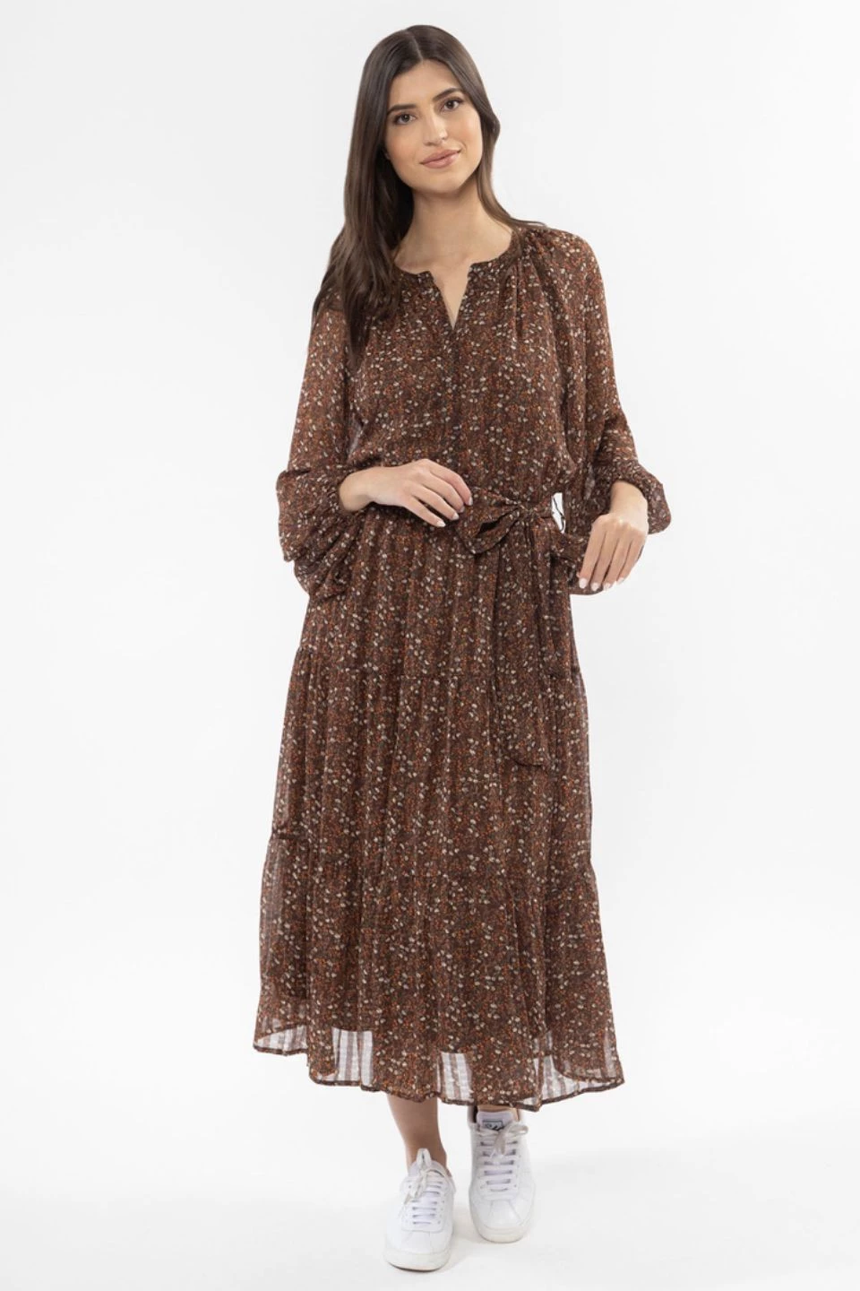 Billie The Label Vivacious Brown Floral Mid Sleeve V Neck Tiered Midi Dress New In