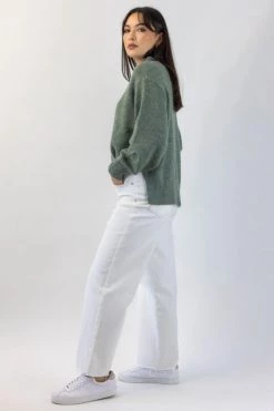 Among The Brave Knitwear Famous Soft Khaki Mohair Blend Boxy Funnel Neck Knit