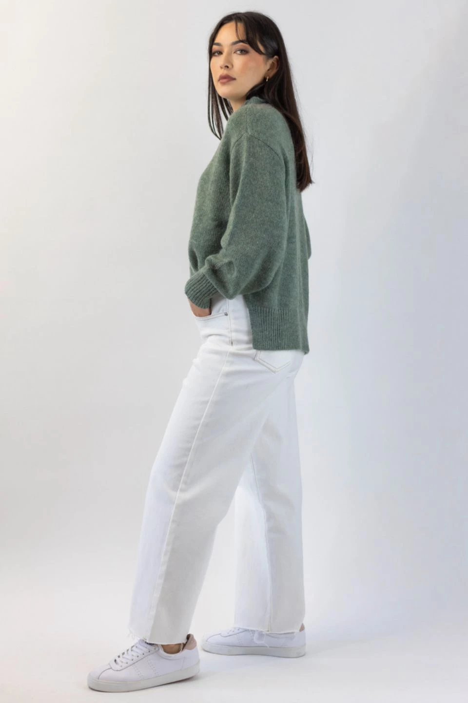 Among The Brave Knitwear Famous Soft Khaki Mohair Blend Boxy Funnel Neck Knit