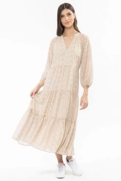 Leila + Luca Stellar Ivory Ditsy Flutter Sleeve V Neck Tiered Midi Dress