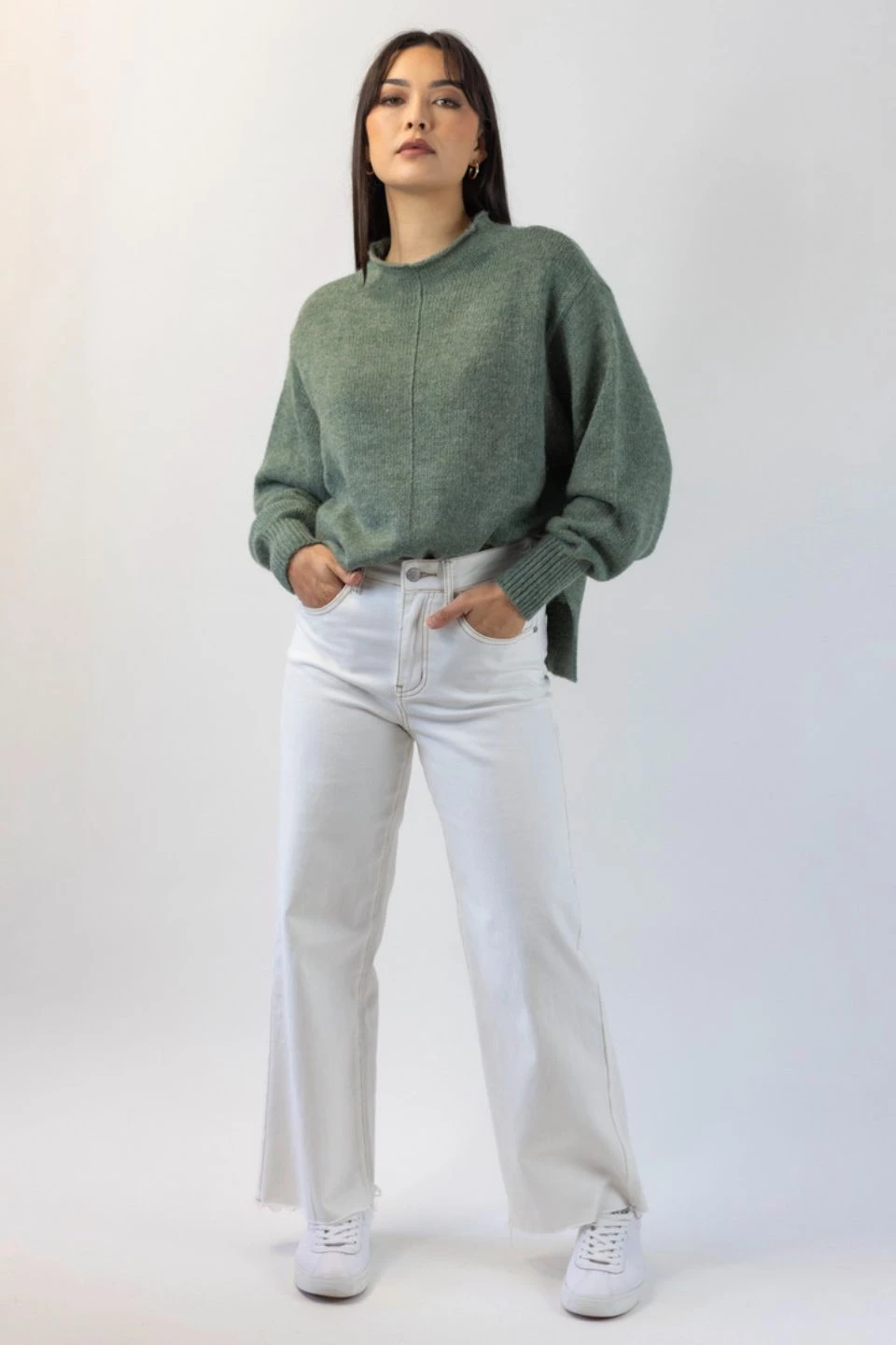 Among The Brave Knitwear Famous Soft Khaki Mohair Blend Boxy Funnel Neck Knit