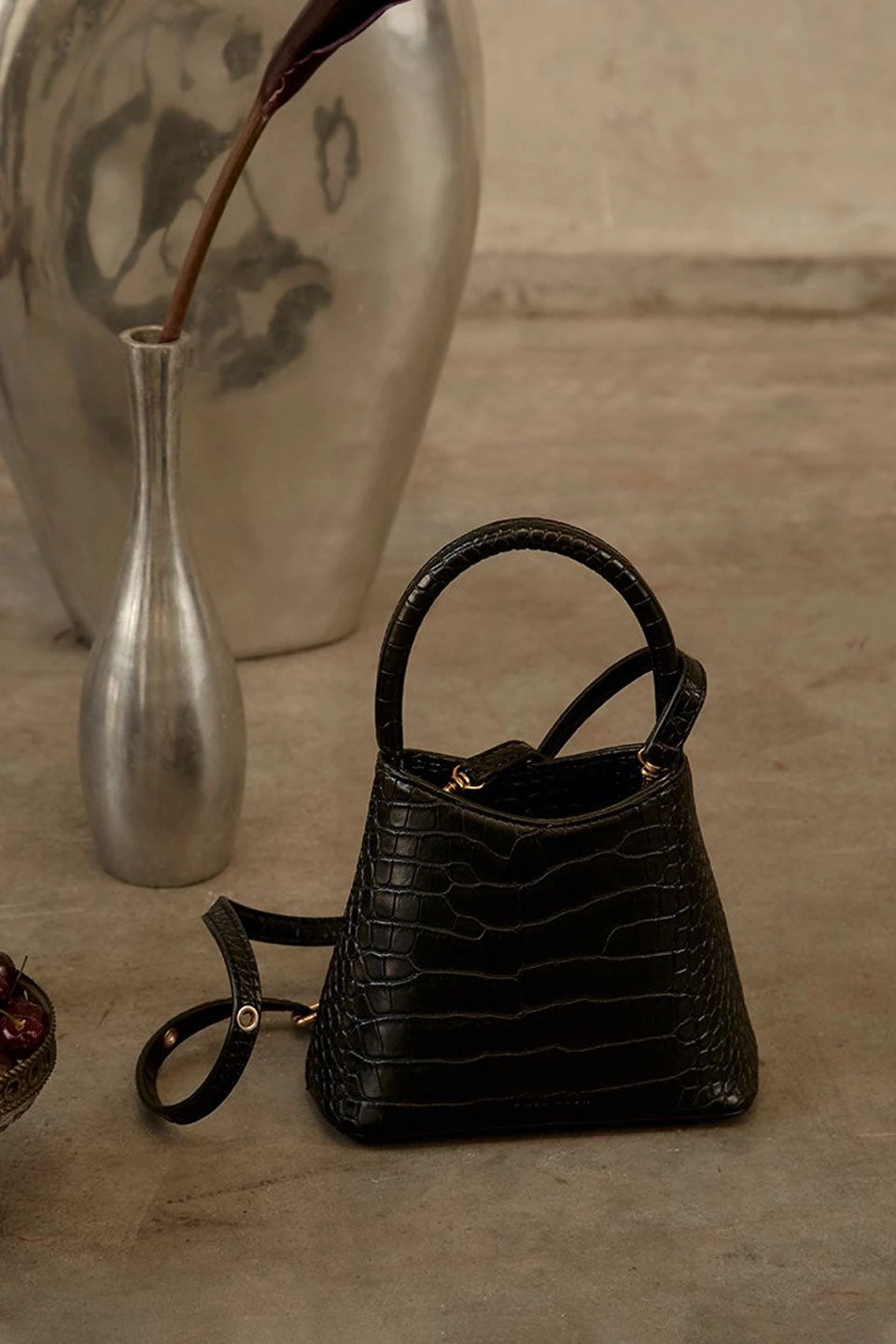 Brie Leon Mini Chloe Black Matte Croc Bag