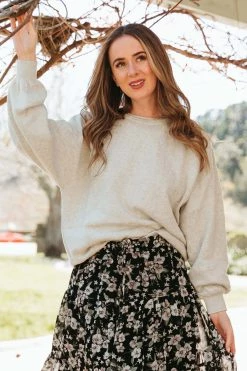 Ivy + Jack New In Carefree Oat Marle Fine Gauge Cotton Slouchy Puff Sleeve Knit