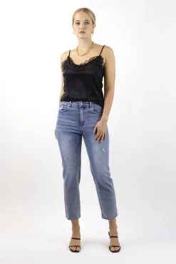Among The Brave Carlie Straight Leg Distressed Raw Hem Faded Jean