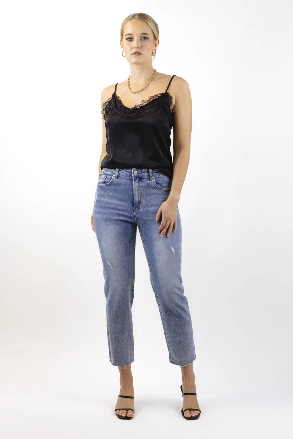 Among The Brave Carlie Straight Leg Distressed Raw Hem Faded Jean