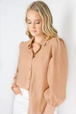 Among The Brave New In Champion Caramel Crinkle Puff Sleeve Deep Cuff Shirt
