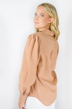 Among The Brave New In Champion Caramel Crinkle Puff Sleeve Deep Cuff Shirt