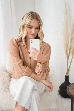 Among The Brave New In Champion Caramel Crinkle Puff Sleeve Deep Cuff Shirt