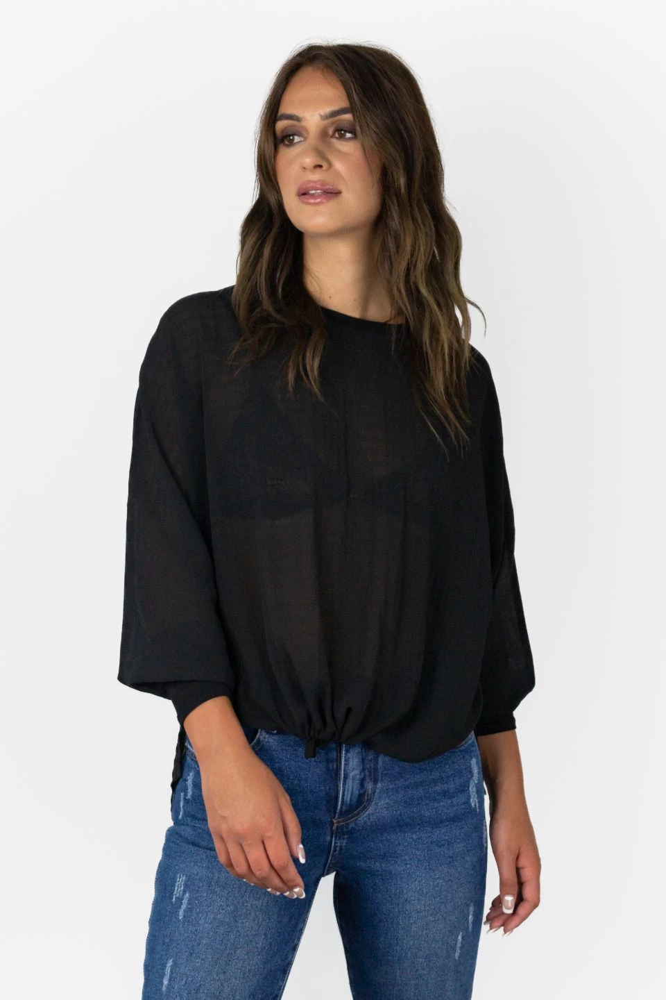 Among The Brave Chance Black Georgette LS Rib Hem Top