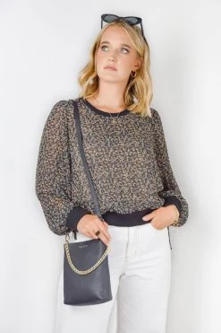 Among The Brave Tops & Tees Chance Midnight Ditsy Print Sheer LS Contrast Rib Top