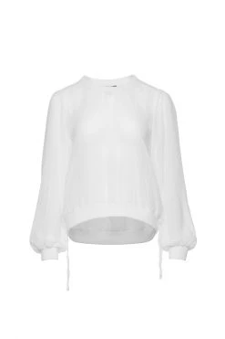 Among The Brave Chance White Sheer LS Rib Hem Drawstring Top