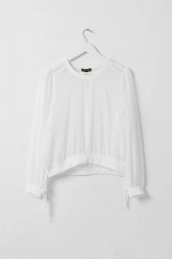 Among The Brave Chance White Sheer LS Rib Hem Drawstring Top
