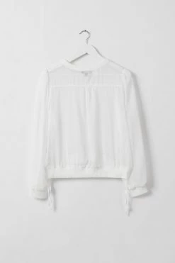Among The Brave Chance White Sheer LS Rib Hem Drawstring Top