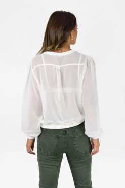 Among The Brave Chance White Sheer LS Rib Hem Drawstring Top