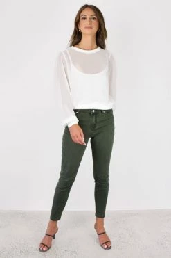 Among The Brave Chance White Sheer LS Rib Hem Drawstring Top