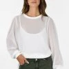 Among The Brave Chance White Sheer LS Rib Hem Drawstring Top