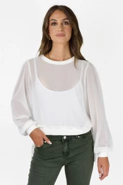 Among The Brave Chance White Sheer LS Rib Hem Drawstring Top