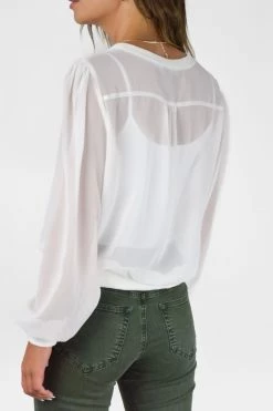 Among The Brave Chance White Sheer LS Rib Hem Drawstring Top