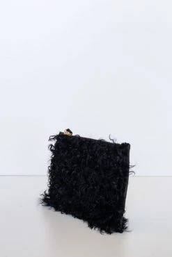 Vash Event-wear Edit Cleo Black Shearling Small Wristlet Bag