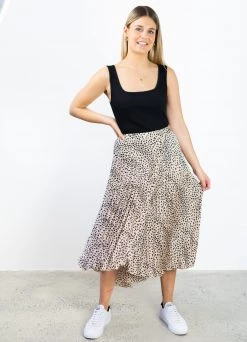 Ivy + Jack Skirts Crossroads Tan Leopard Satin Midi Pleated Skirt With High Low Hem
