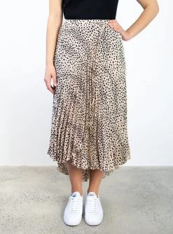 Ivy + Jack Skirts Crossroads Tan Leopard Satin Midi Pleated Skirt With High Low Hem