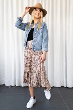 Ivy + Jack Skirts Crossroads Tan Leopard Satin Midi Pleated Skirt With High Low Hem