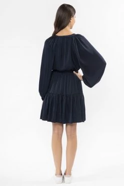 Seeking Lola Flourish Navy Washer Satin Puff Sleeve V Neck Tiered Mini Dress