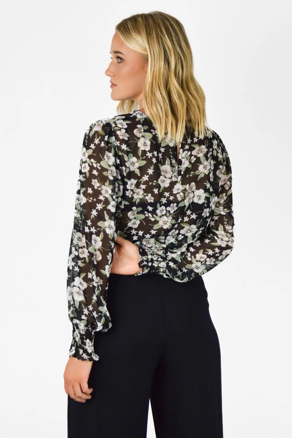 Among The Brave Pure Garden Midnight Puff Sleeve Shirred Blouse