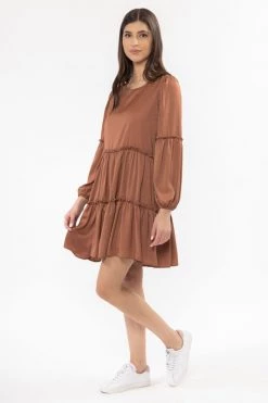 Seeking Lola New In Optimistic Rust Washer Satin Mid Sleeve Tiered Mini Dress