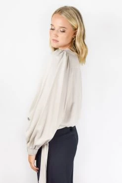 Among The Brave New In Jupiter Sand LS Puff Sleeve Satin Tie Hem Top