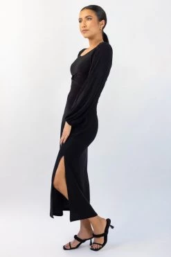 Among The Brave New In New Moon Black Shimmer LS Puff Sleeve Ring Midi Dress