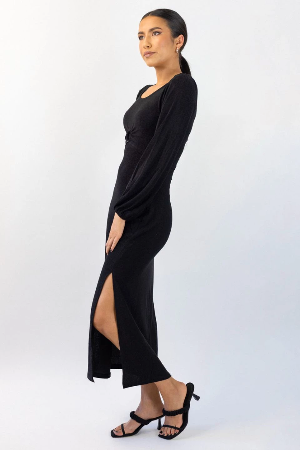 Among The Brave New In New Moon Black Shimmer LS Puff Sleeve Ring Midi Dress