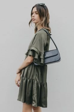 Ivy + Jack Felicity Khaki Washer Satin Frill SS Tiered Mini Dress