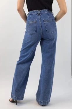 Among The Brave Sail Away Mid Blue Front Pocket Wide Leg Denim Jean