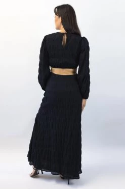 Ivy + Jack Skyler Black Shirred Cotton LS V Neck Waist Cut Out Maxi Dress
