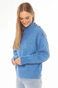 Seeking Lola New In Okana Blue Button Shoulder Knit Jumper