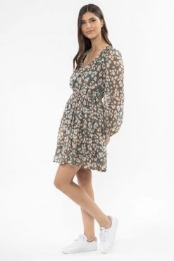 Seeking Lola Bravo Sage Stripe Floral V Neck Mid Sleeve Tiered Mini Dress New In