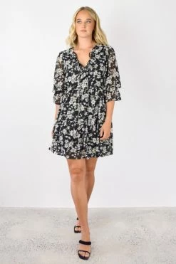 Among The Brave New In Wistful Garden Midnight Ruffle Neck Half Sleeve Tiered Mini Dress