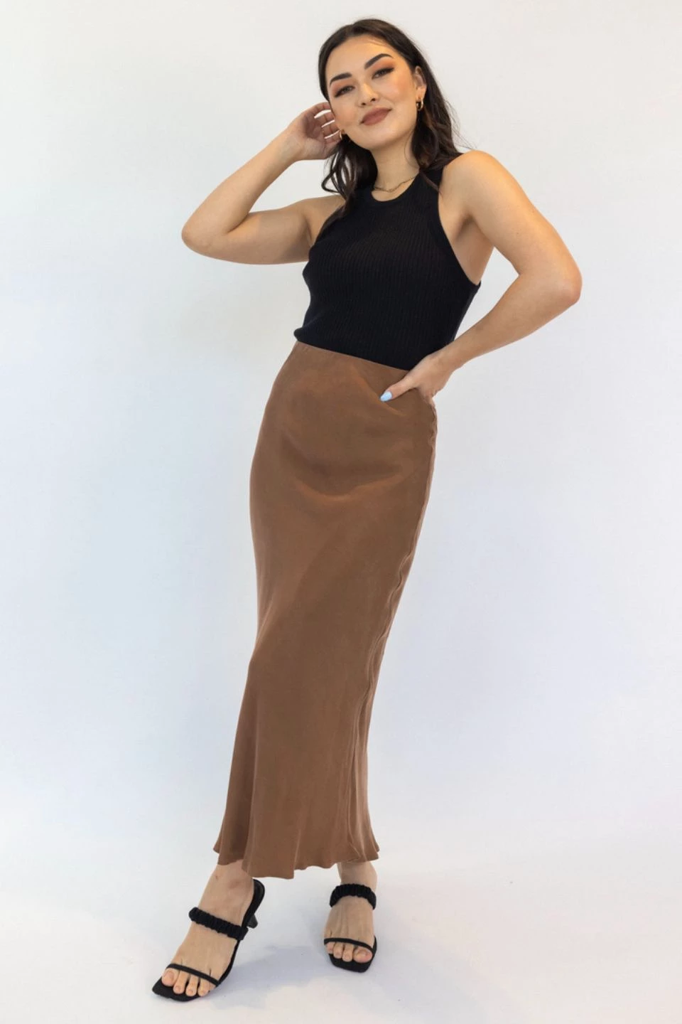 Ivy + Jack New In Dynamic Mocha Cupro Midi Bias Skirt