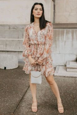 Ivy + Jack Dresses Evita Sand Floral LS V Neck Mini Tiered Dress