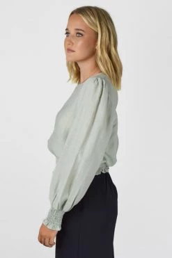 Among The Brave Pure Sage Crinkle LS Puff Sleeve Shirred Hem Top