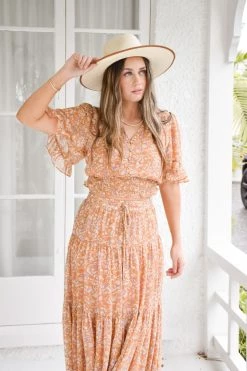 Among The Brave Sensational Spice Floral Georgette Tiered Tie Waist Maxi Skirt Skirts