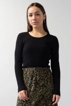Ivy + Jack Radiant Black LS Rib Knit Crew Neck Top New In