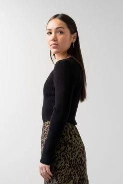 Ivy + Jack Radiant Black LS Rib Knit Crew Neck Top New In