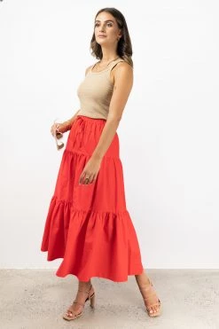 Ivy + Jack Skirts Divine Blood Orange Poplin Tiered Elastic Waist Midi Skirt